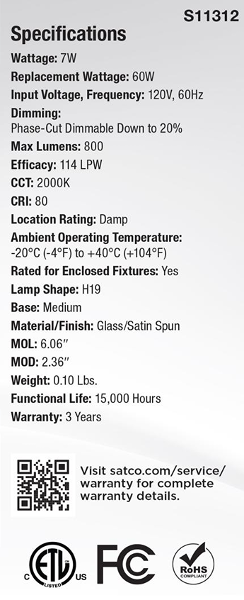 Specification label for 7W LED satin spun glass bulb with medium base, dimmable and rated for damp locations under $50 collections