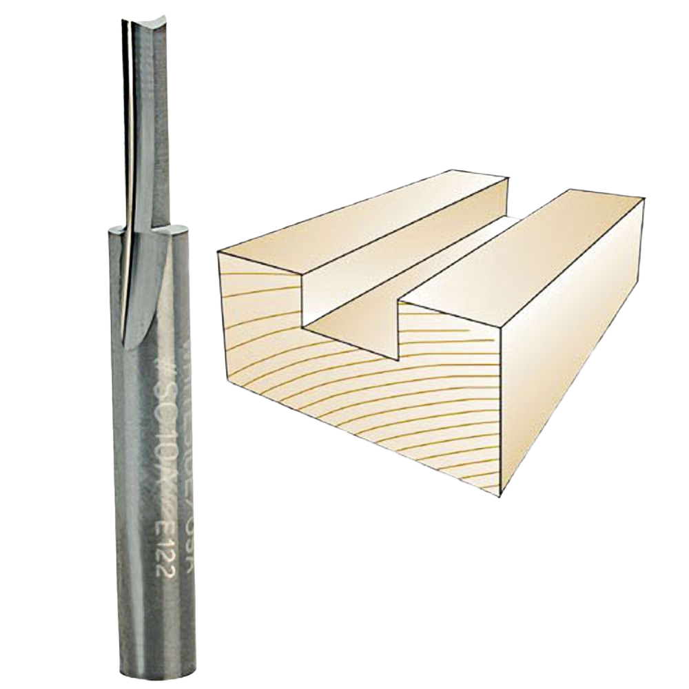 Solid carbide straight bit for precise groove cutting in woodworking shown with cross-section of a wood cut in Tool Accessories collection