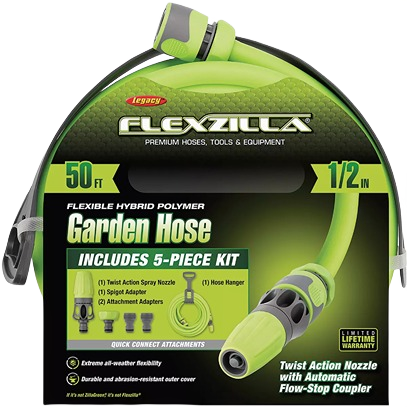 Bright green heavy-duty flexible hybrid polymer garden hose with quick connect fittings in watering and irrigation tools collection