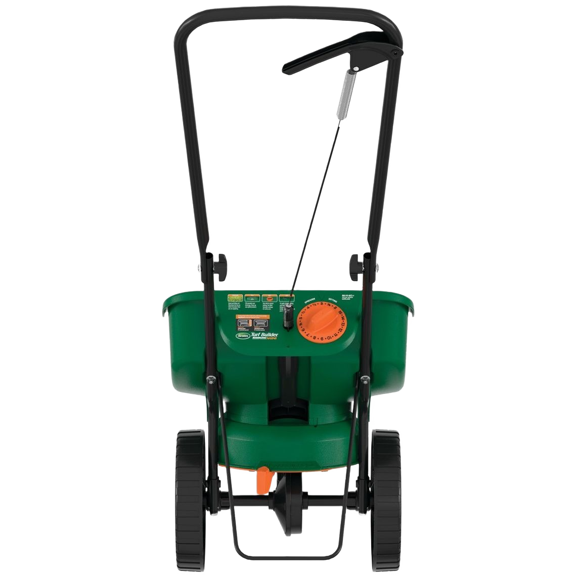 Green broadcast spreader with black handle and wheels for lawn care and gardening tools under $100