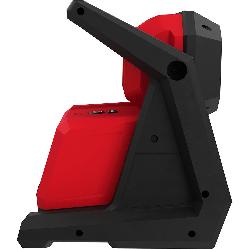 Red and black dual power floodlight with adjustable frame for Milwaukee utility lighting and home improvement tools