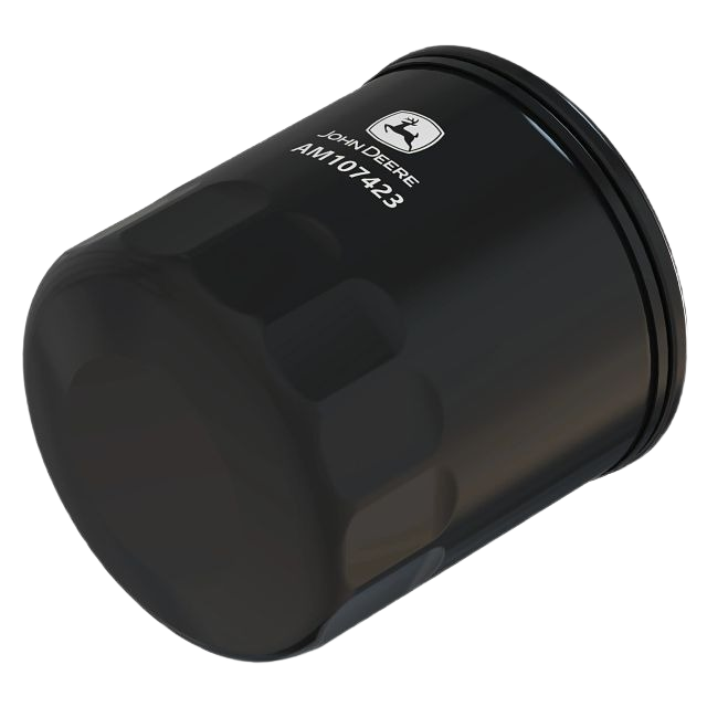 Black cylindrical engine oil filter with John Deere logo designed for machinery maintenance and home improvement use