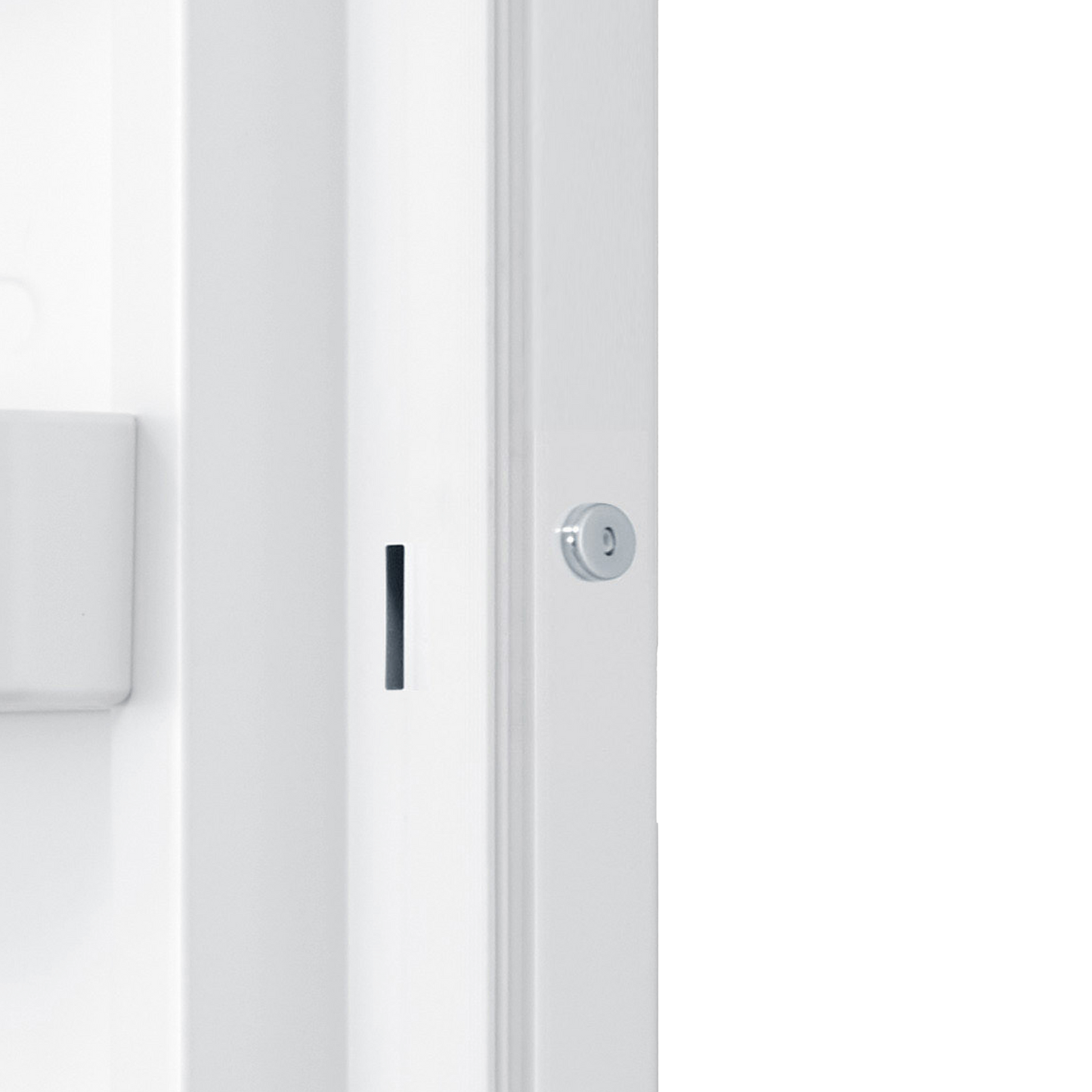 Close-up of white upright freezer door frame showing lock mechanism and latch details from freezers and appliances collection