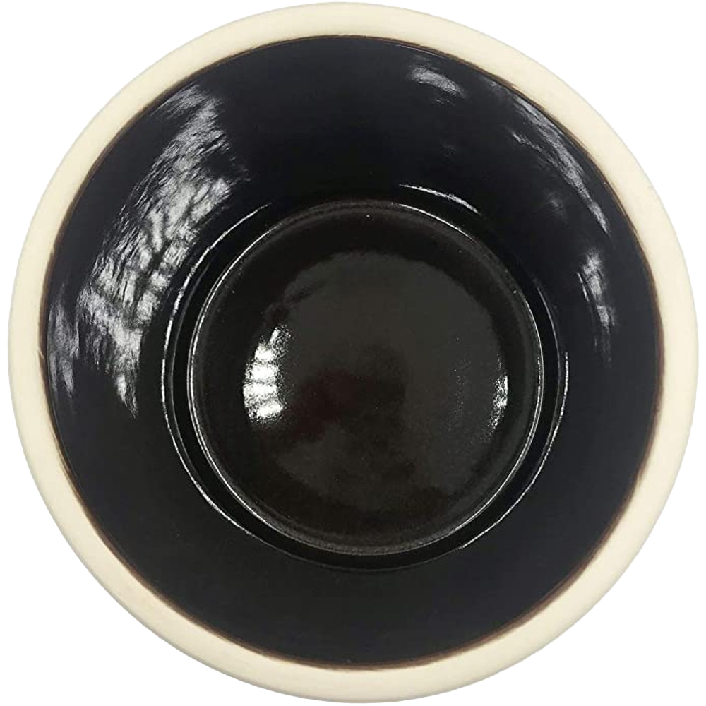 Top view of glossy dark interior Ohio Stoneware crock with a neutral outer rim for kitchenware use.