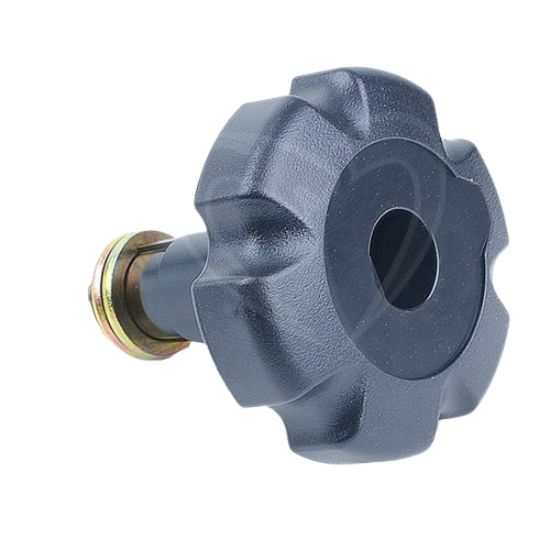 Black plastic depth adjustment knob with metal shaft for tools and home improvement use
