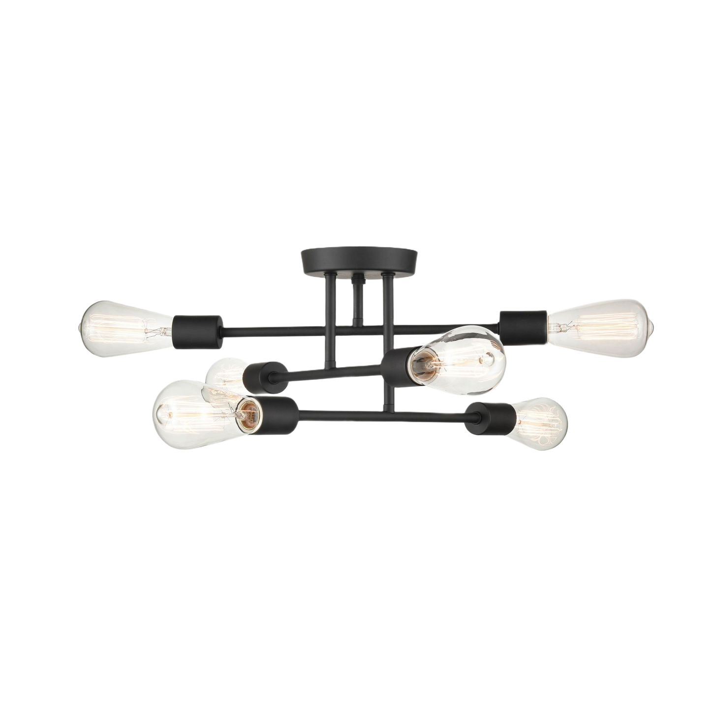 Matte black flush mount light fixture with asymmetric arms and exposed bulbs for bathroom and wall lighting collections