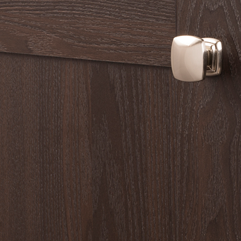 Square satin nickel cabinet knob with smooth Euro-contemporary style installed on dark wood furniture hardware under $50
