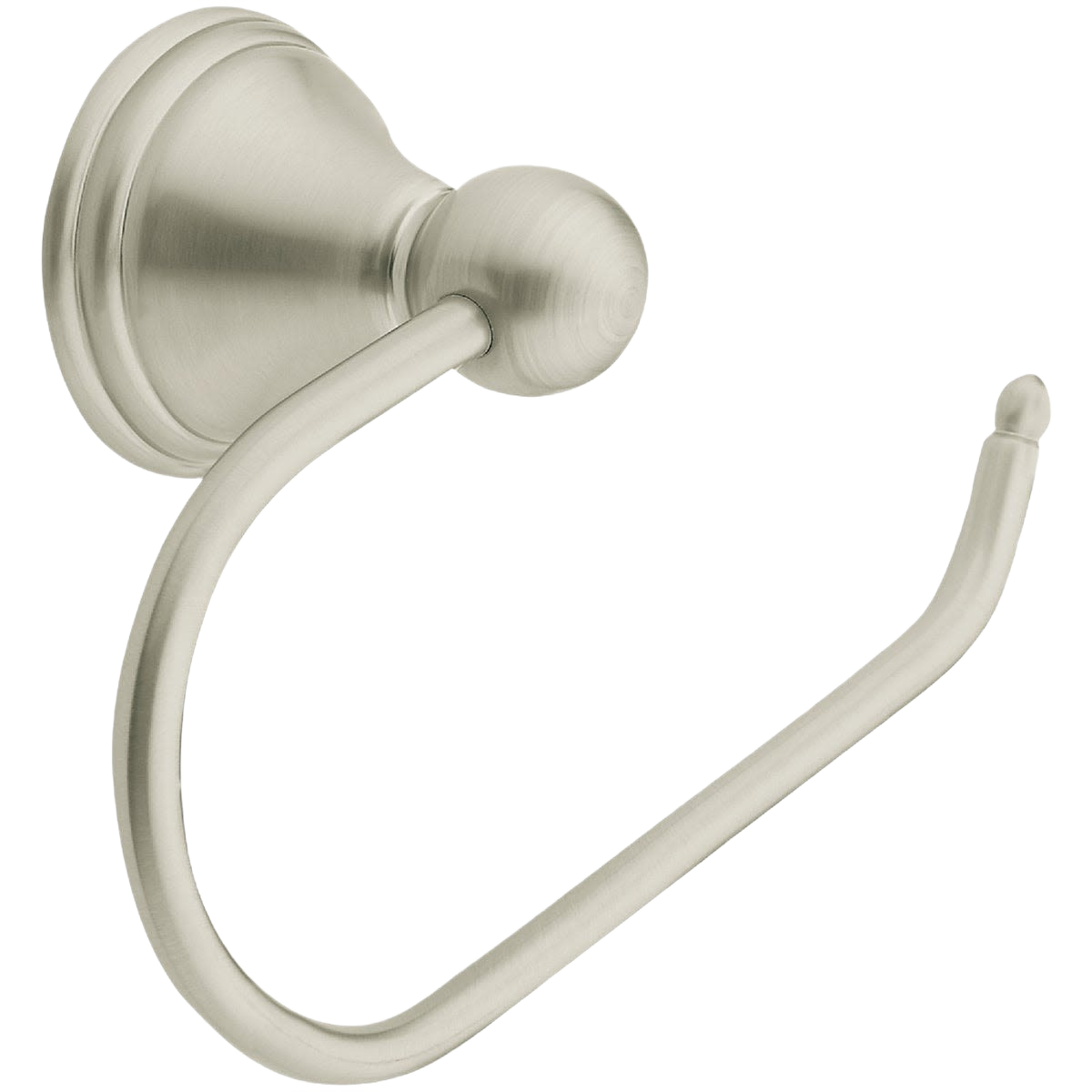 Brushed nickel toilet paper holder with curved arm and round mounting base for bathroom home improvement projects