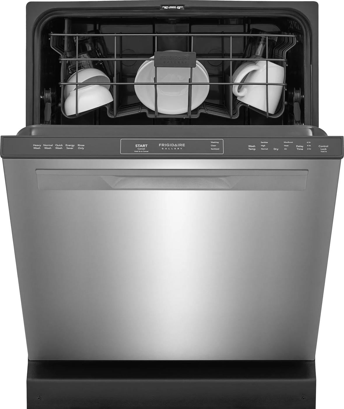 Stainless steel dishwasher with open door showing three cups inside rack from Kitchen & Kitchenware collection