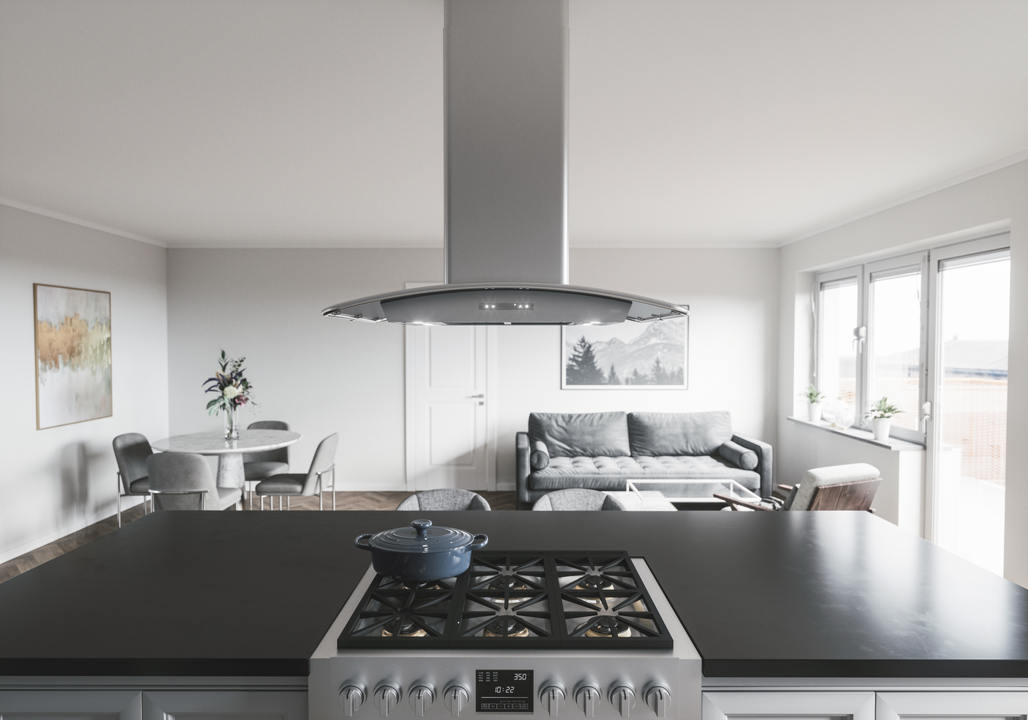 Modern island range hood with LED lighting above black kitchen island and stove for home improvement and appliances