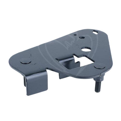 Black metal arm component with mounting holes and attached screws for tools and home improvement use