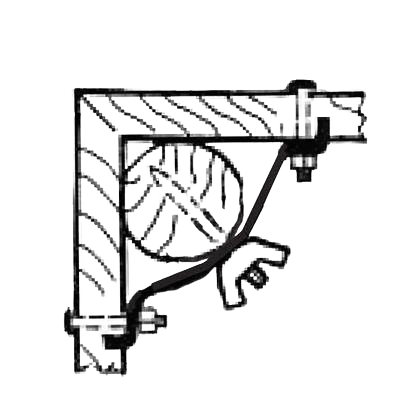 Black and white line drawing of a metal table apron leg bracket securing a wooden furniture corner assembly