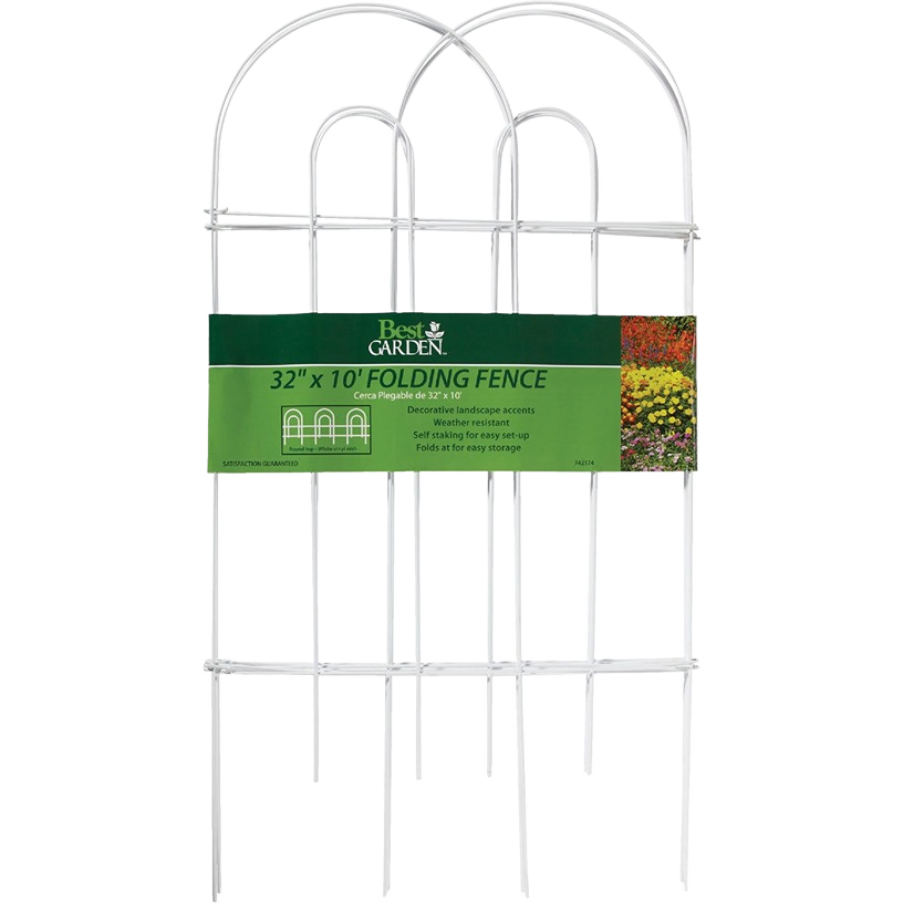 White powder-coated wire garden fence panel with folding sections and decorative arch tops for landscape edging