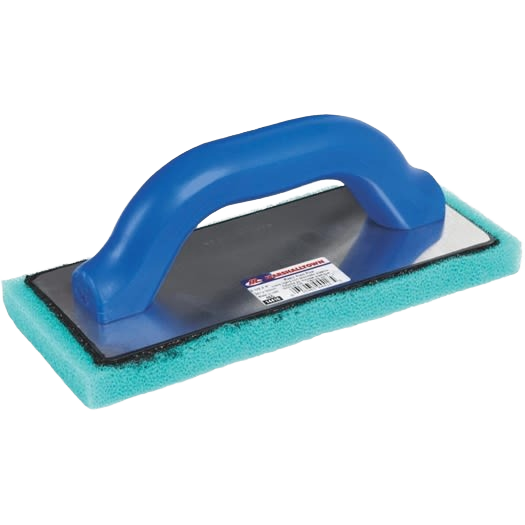 Float tool with blue ergonomic handle and green rubber base for smoothing and finishing surfaces in home improvement tasks