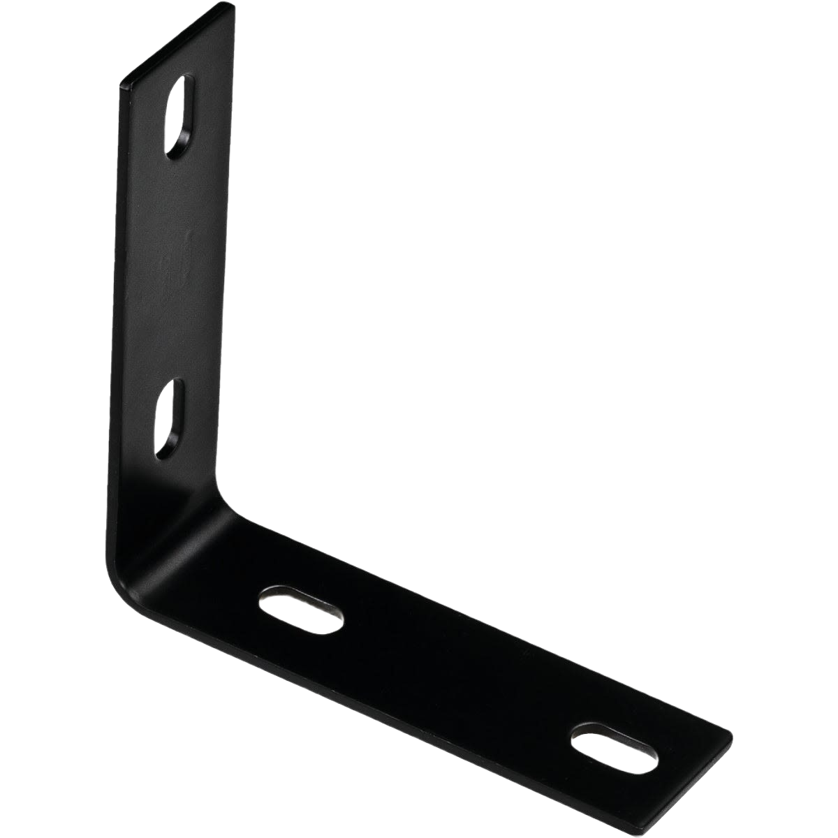 Black heavy-duty metal corner brace with elongated mounting holes for reinforcing 90-degree angles in building hardware projects
