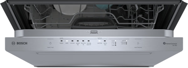 Open stainless steel dishwasher with control panel buttons and racks visible, from Bosch built-in dishwashers collection