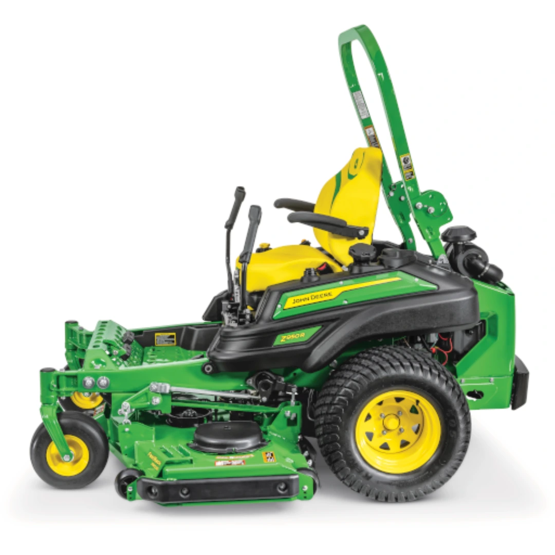Green and yellow zero-turn mower with 60-inch deck, ergonomic seat, and roll-over protection for lawn maintenance use