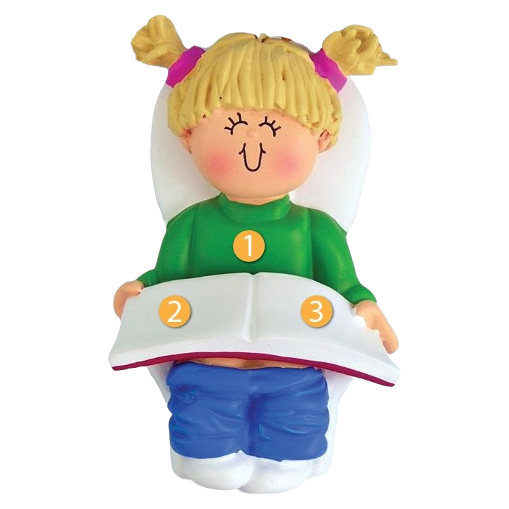 Blonde girl with pigtails sitting on toilet holding book in Christmas Ornaments & Tree Decorations under $50 collection