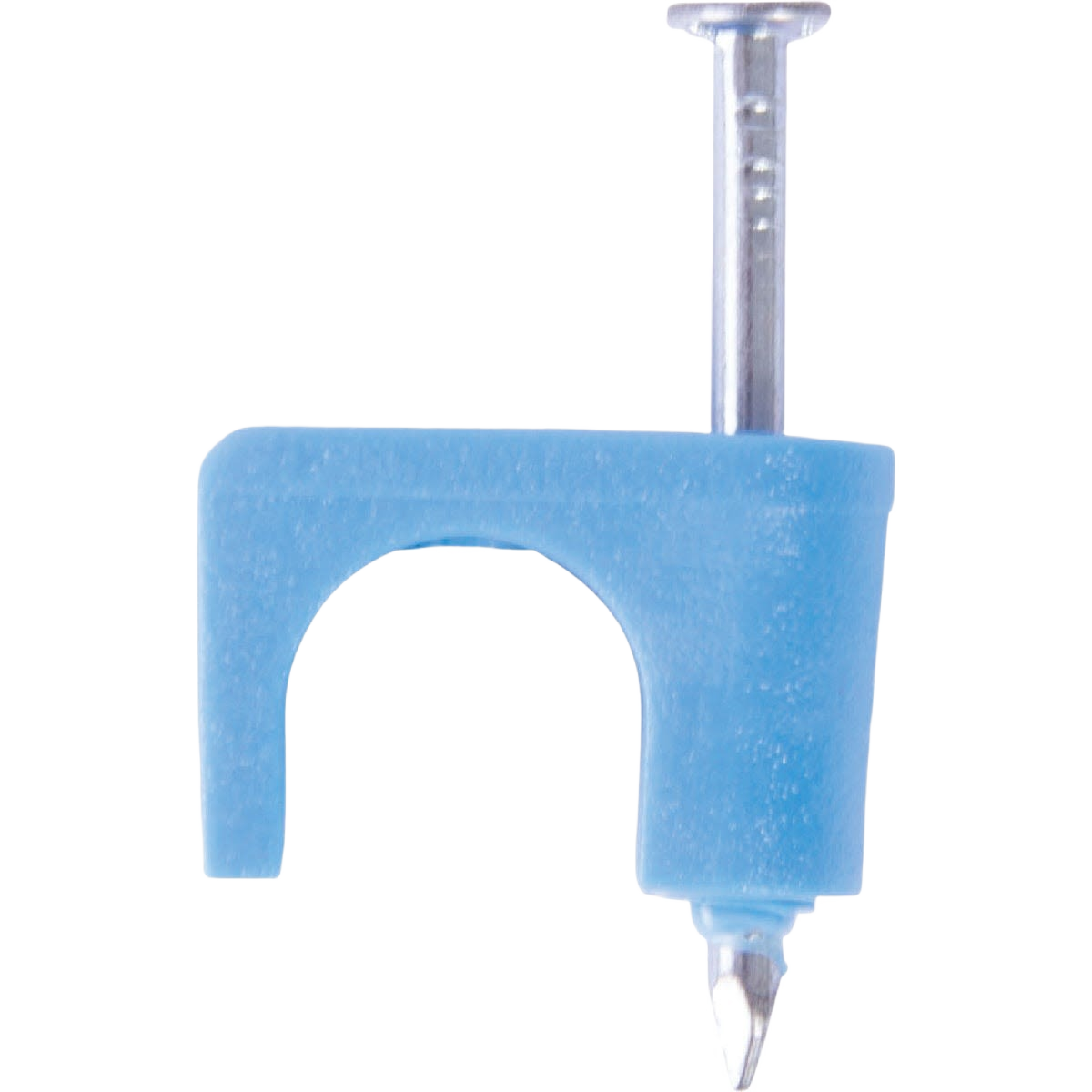 Blue plastic cable staple with galvanized nail for securing wires in tools and home improvement projects