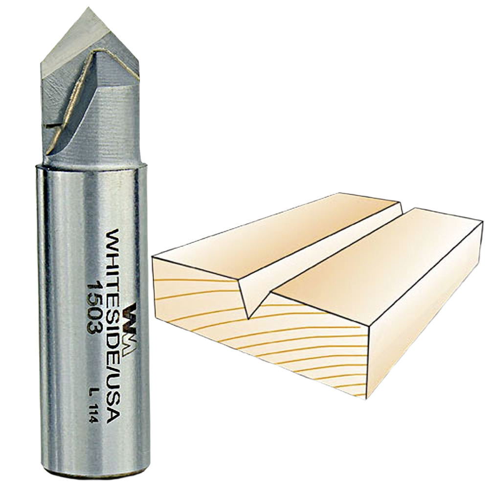 90-degree V-groove router bit and sample wood cut for home improvement and power tool accessories collections