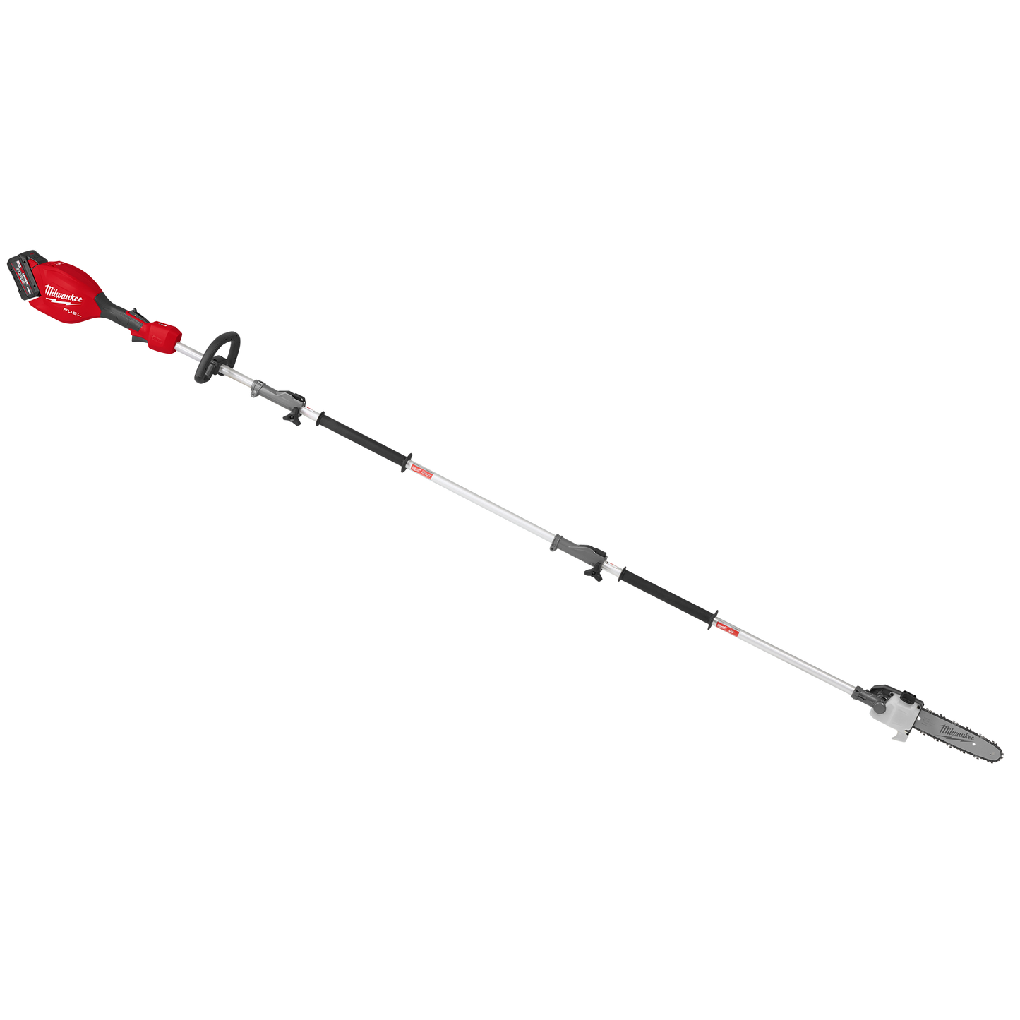 Red and black cordless pole saw with extendable shaft and Quik-Lok attachment for outdoor home improvement tasks