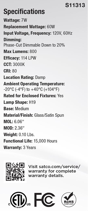 7 watt satin spun glass LED bulb with medium base, dimmable soft white light for home improvement use