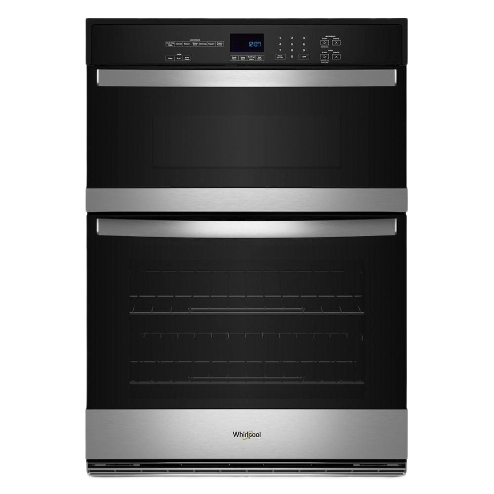 Black and stainless steel combination microwave and wall oven with digital controls, self-cleaning features, and dual interior racks, ideal for kitchen and appliances.