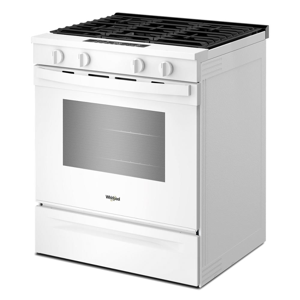 Angled view of a white 30-inch gas range with four control knobs, oven window, and black cast iron grates, featured in ranges, gas ranges, kitchen & kitchenware, appliances, and home improvement collections.