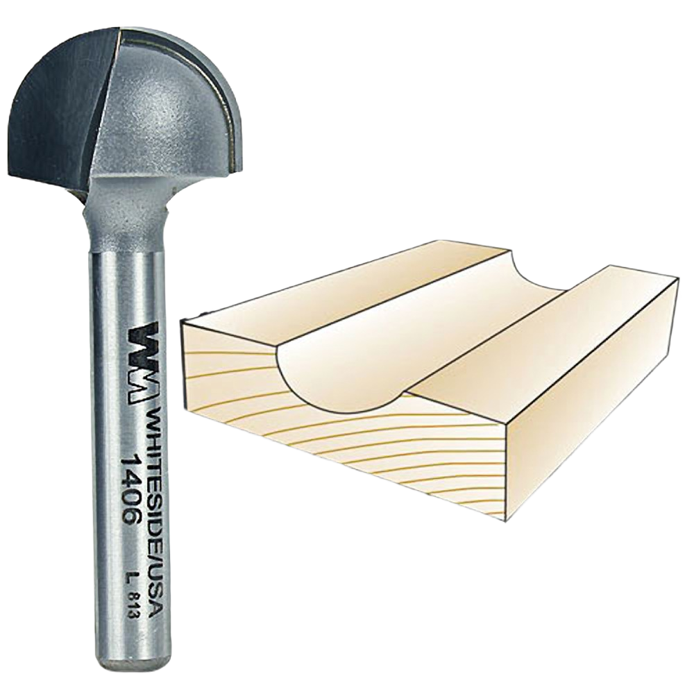 Whiteside core box router bit with 1/4 in. shank for shaping rounded grooves in wood for home improvement tasks
