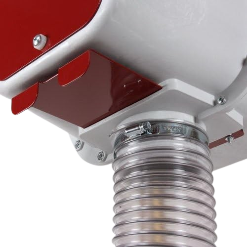 Flexible dust collection hose attached to a red and white woodworking downdraft dust collection cabinet component