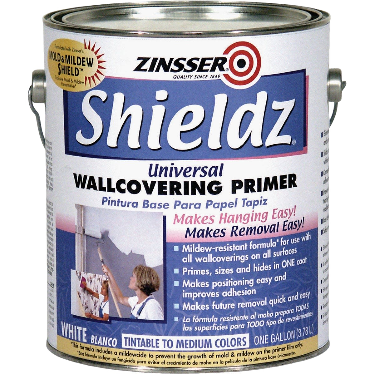 One gallon white universal wallcovering primer with mildew-resistant formula for interior paint and home improvement projects
