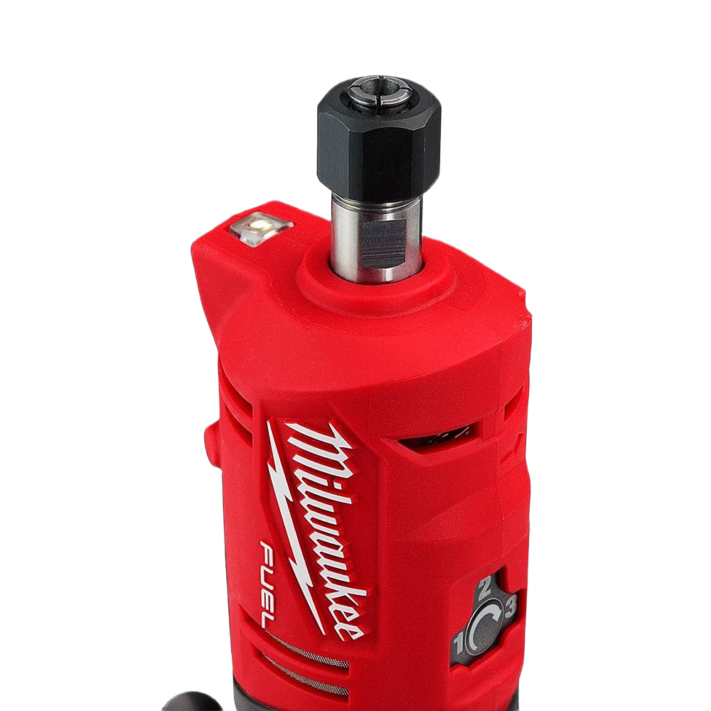 Red cordless straight die grinder with variable speed control and compact design for tools and home improvement tasks