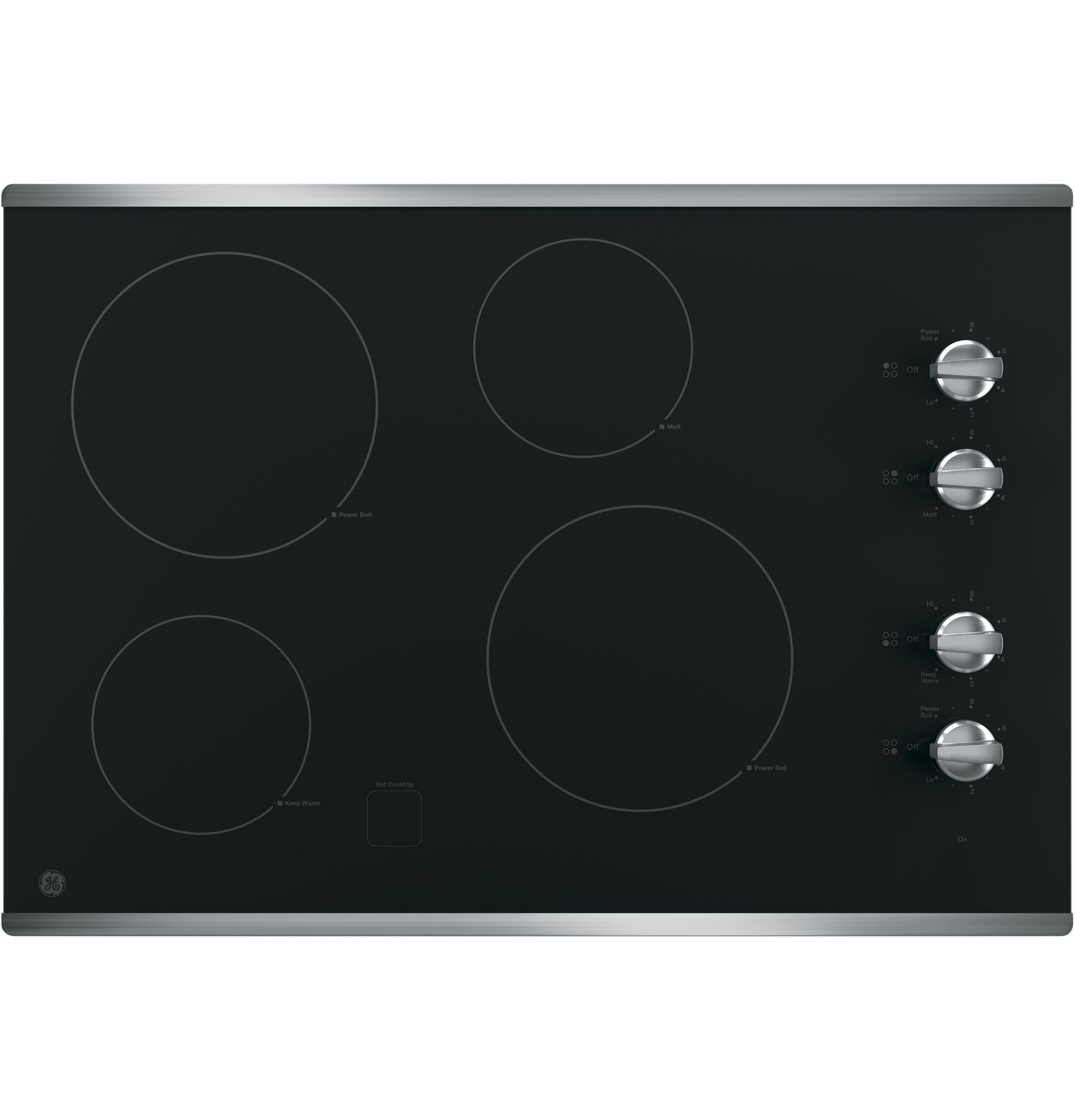 Black electric cooktop with four cooking zones and metal knob controls from Cooktops and Kitchen & Kitchenware collections
