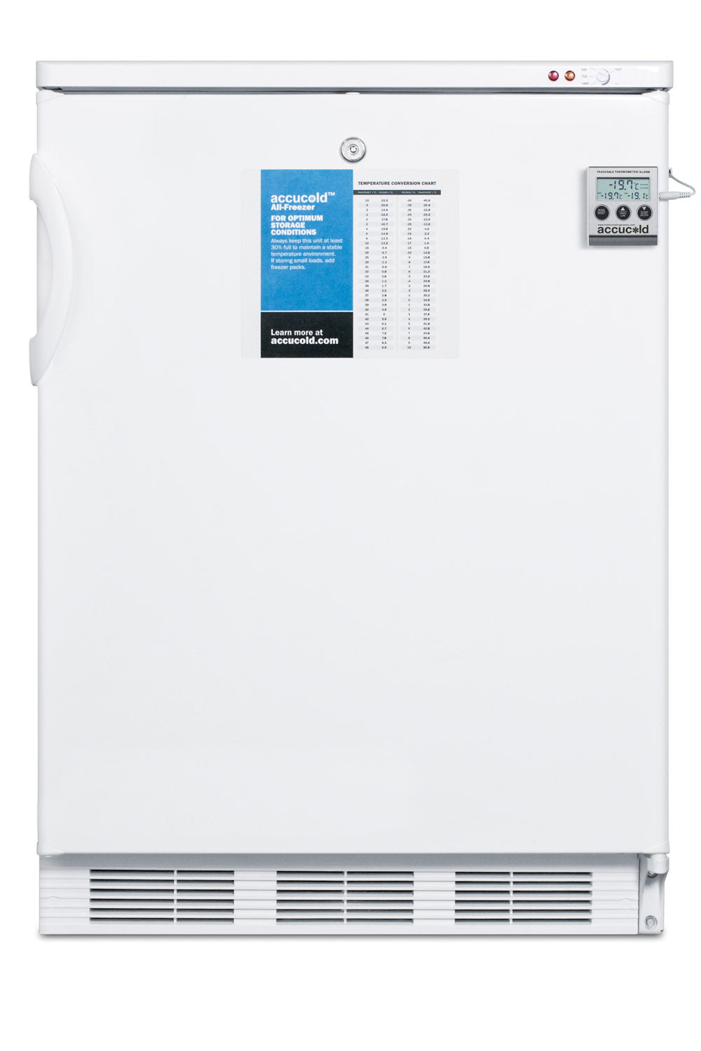 White all-freezer with external digital temperature control and ventilation grille for medical and scientific use