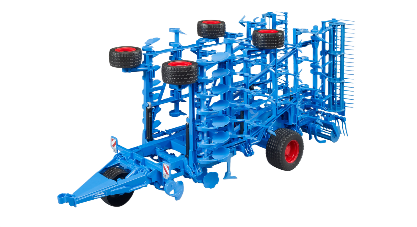 Blue heavy-duty cultivator attachment with multiple wheels and discs for agricultural and home improvement use