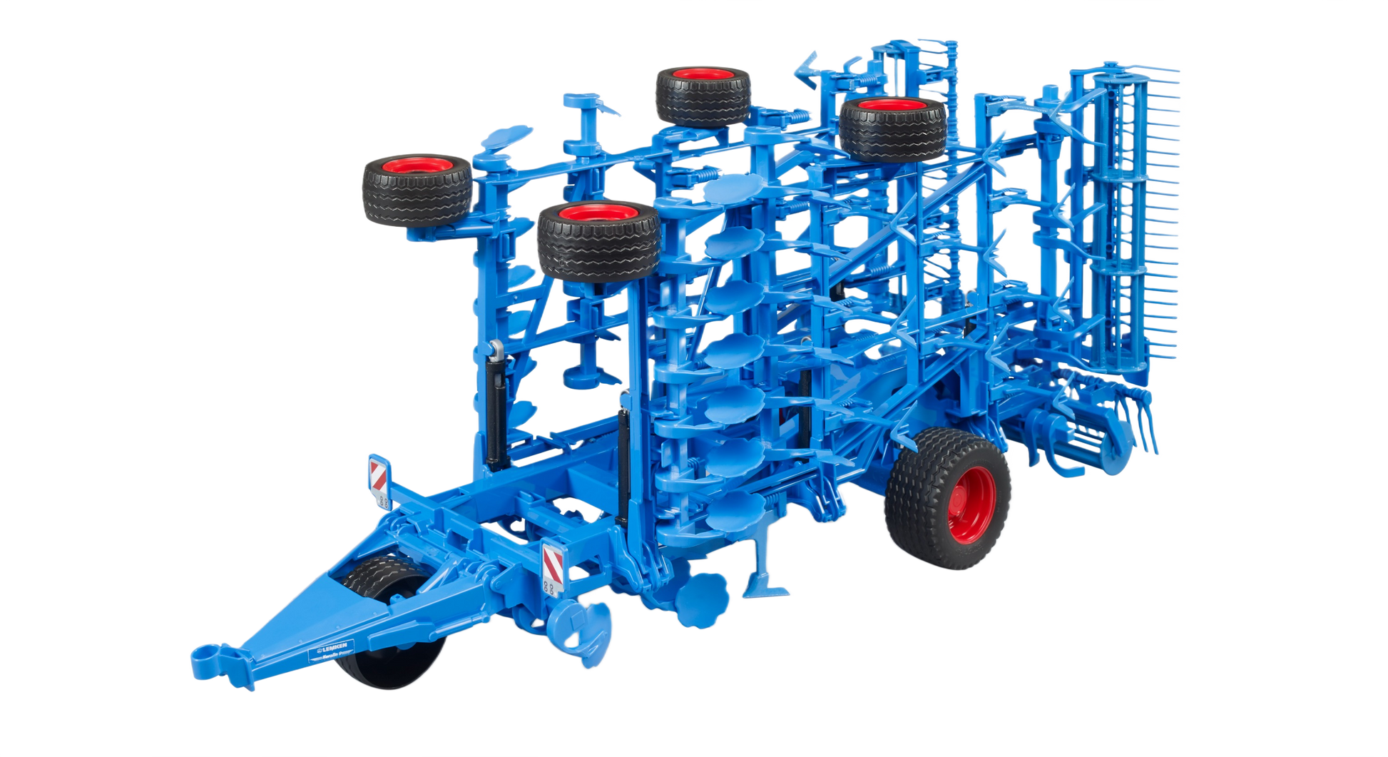 Blue heavy-duty cultivator attachment with multiple wheels and discs for agricultural and home improvement use