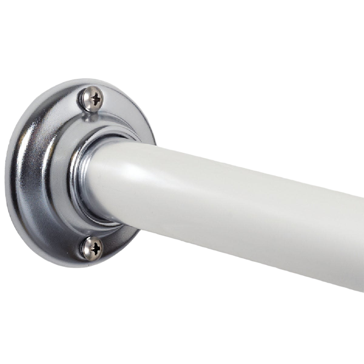 White aluminum shower rod with chrome flange and screws from bathroom accessories and hardware collection