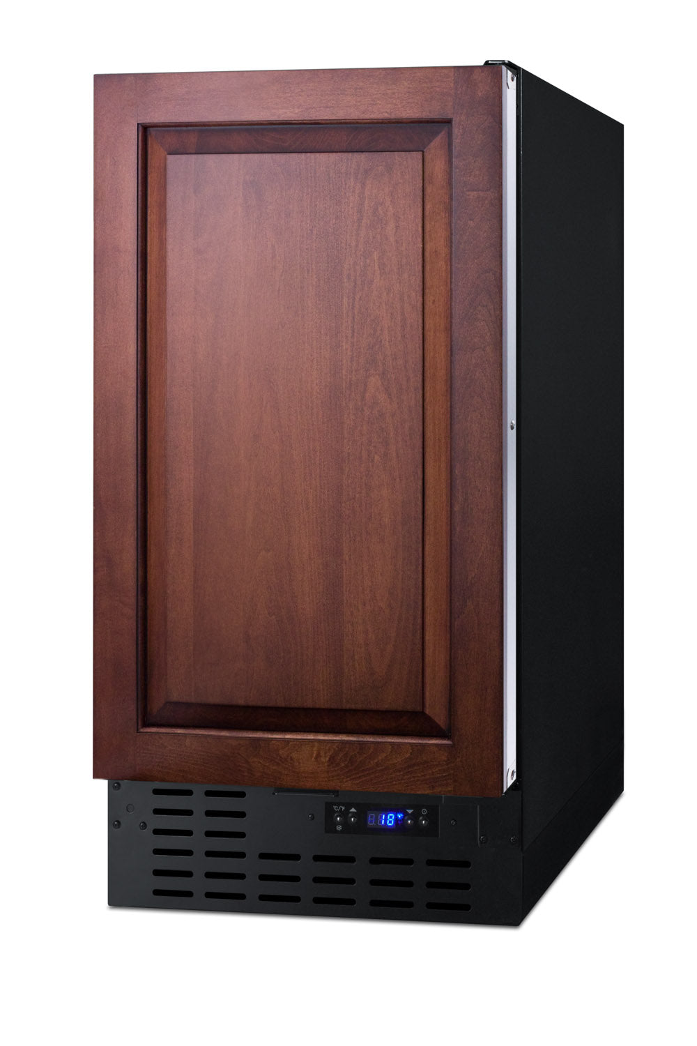 Under-counter drain-free icemaker with dark wood panel door and digital temperature display in kitchen appliances collection