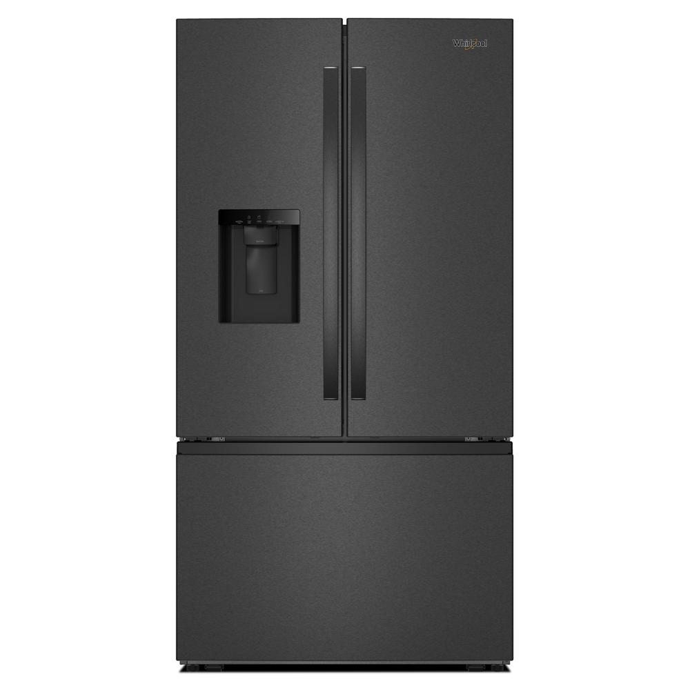 Black 36-inch French door refrigerator with built-in water dispenser and bottom freezer in kitchen appliances collection