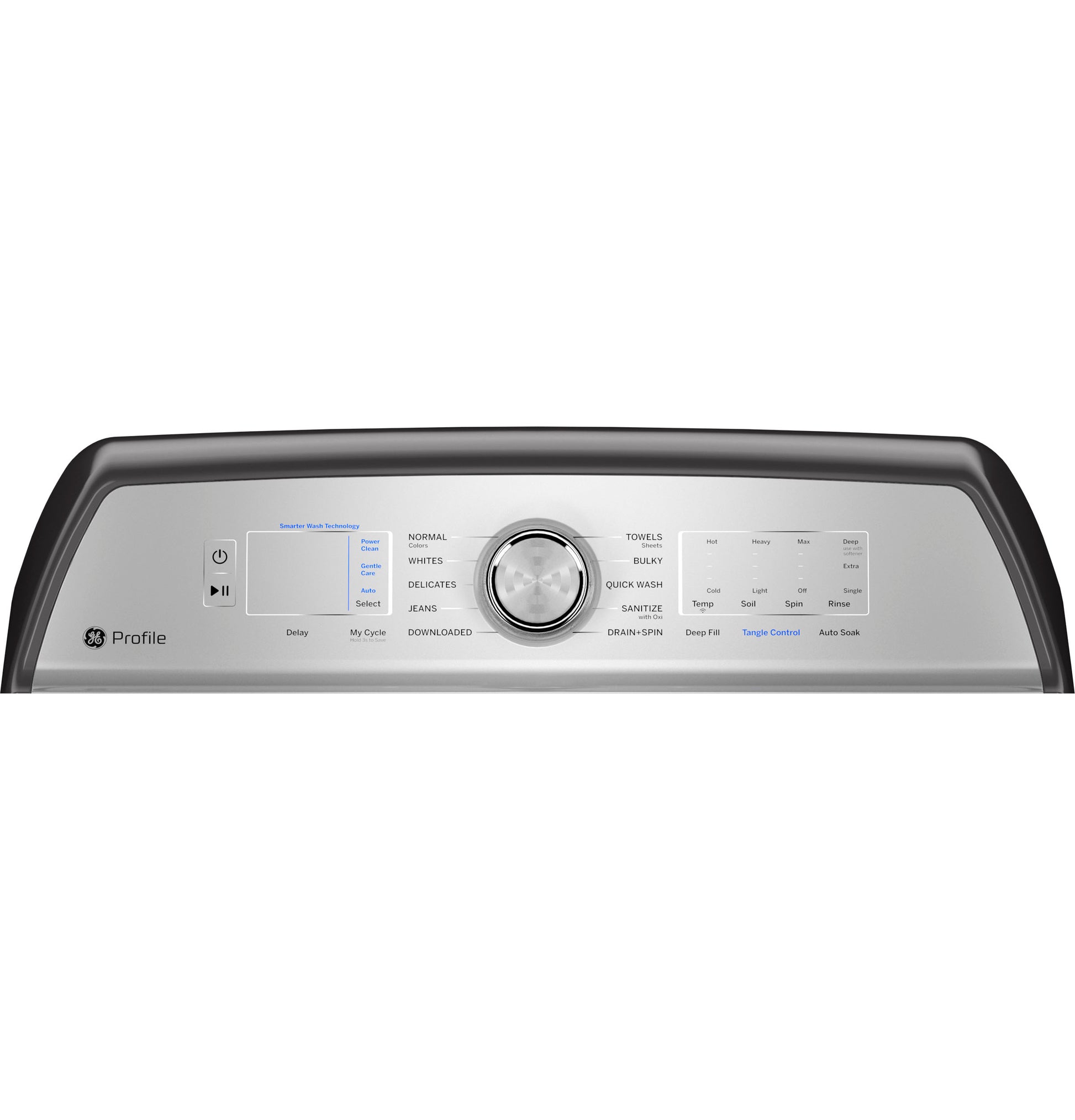 Control panel of GE Profile washer with digital cycle selector and multiple wash options in washers and appliances collection