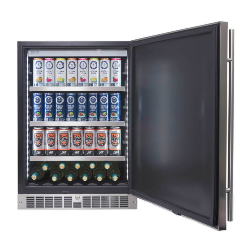 Open black stainless steel beverage cooler with LED lighting, adjustable shelves, and ergonomic handle in Appliances collection