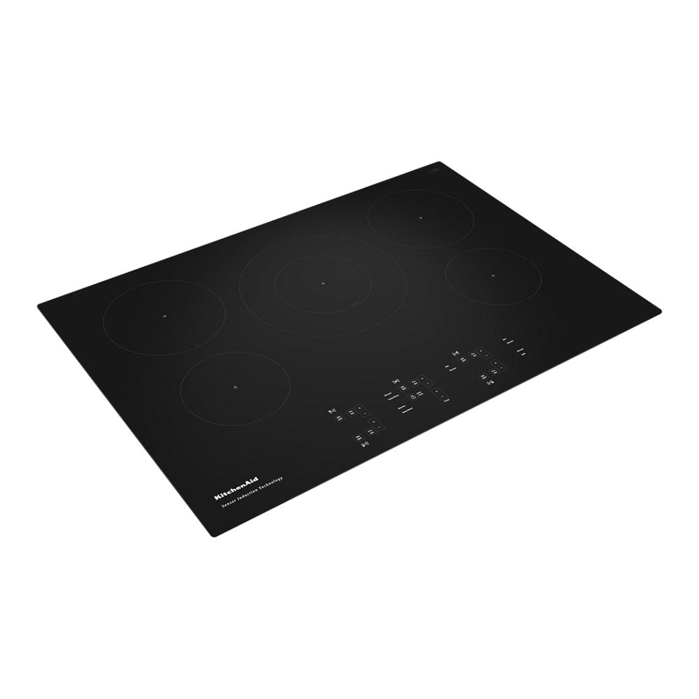 Black 30-inch induction cooktop with five cooking elements and touch sensor controls from KitchenAid collection