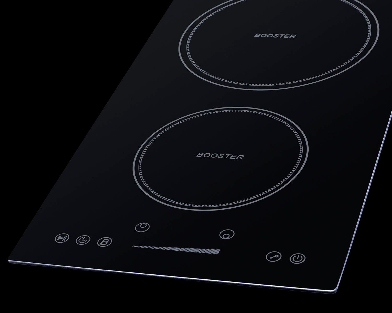 Black glass 2-zone induction cooktop with touch controls for energy efficient cooking in modern kitchens