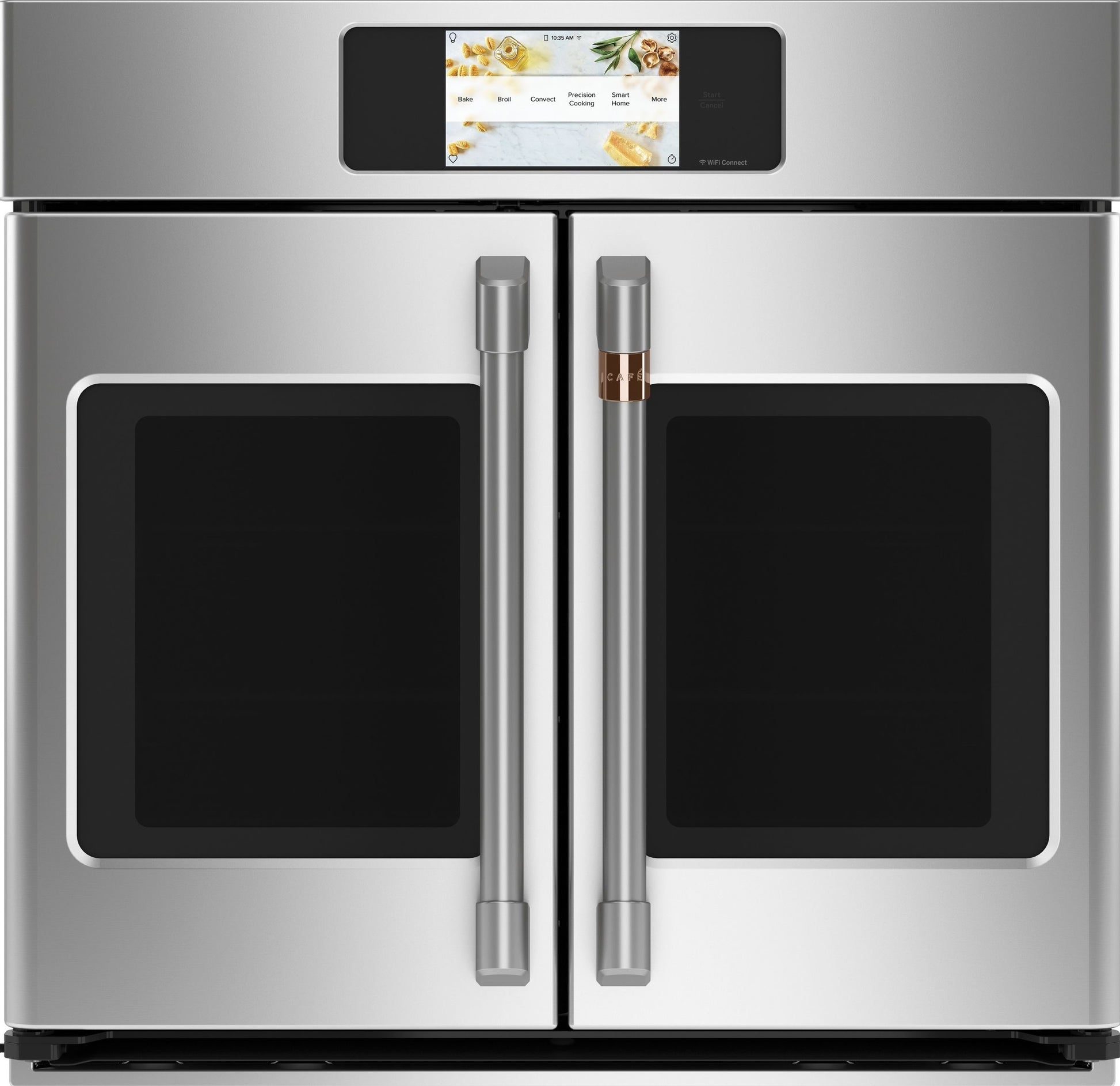 Stainless steel smart built-in convection oven with French doors and touchscreen control in modern kitchen appliances collection