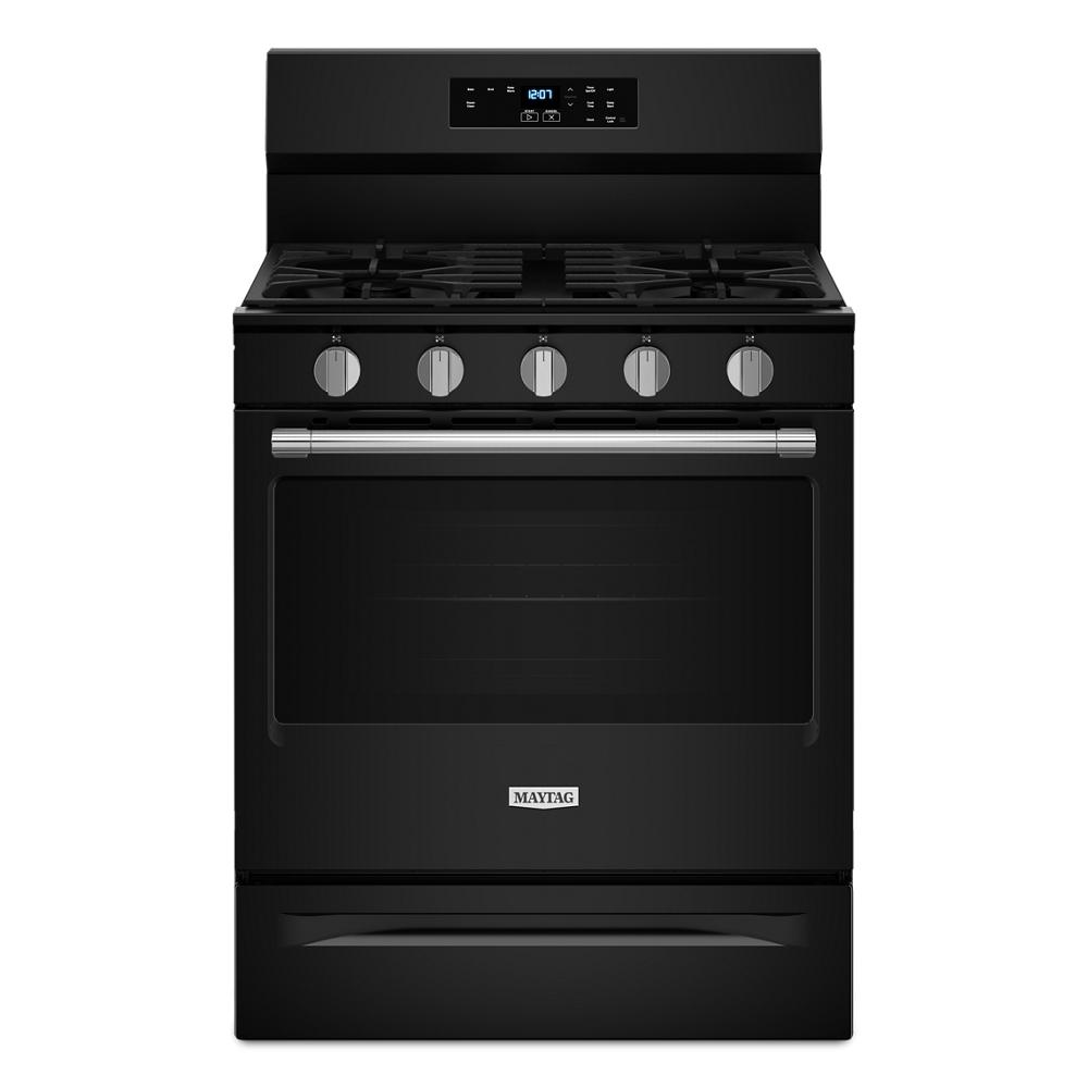 Black gas range with five burners, steam clean feature, and digital control panel for kitchen appliance collections.
