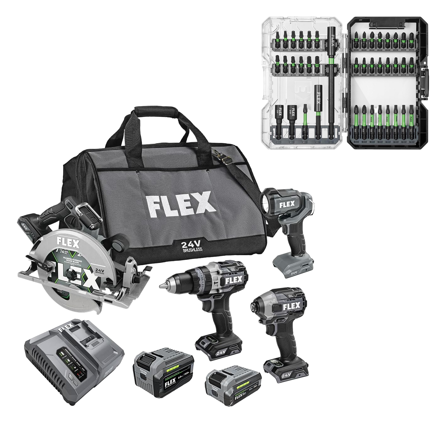 FLEX 24V 4-Tool Combo Kit + 41-Pc. Impact Driver Bit Set