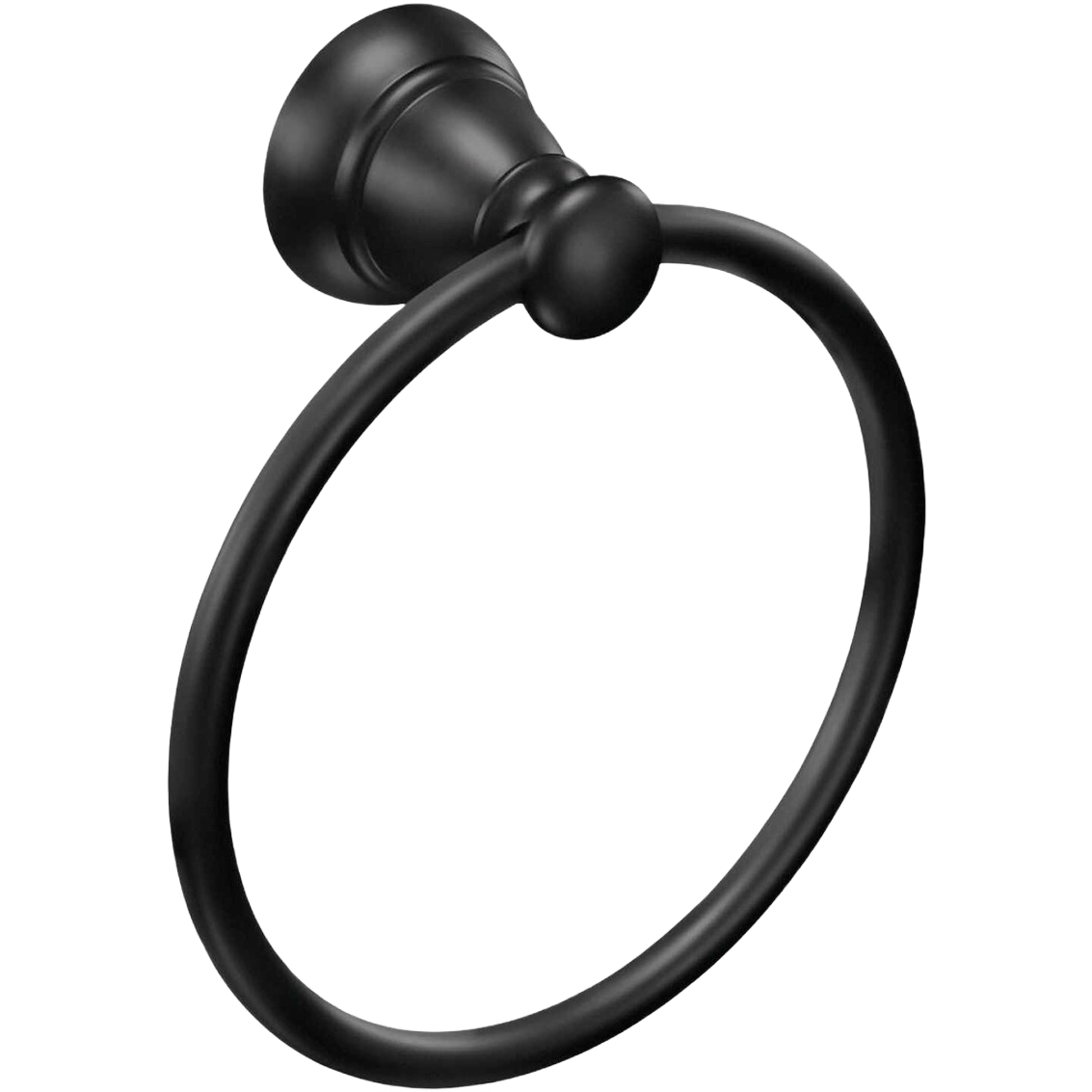 Matte black towel ring with rounded mounting base for stylish bathroom organization and home improvement use