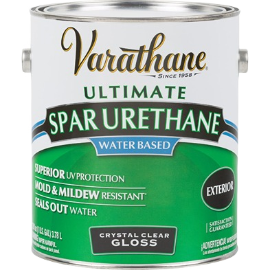 One-gallon can of water-based exterior spar urethane with crystal clear gloss and UV protection for wood surfaces