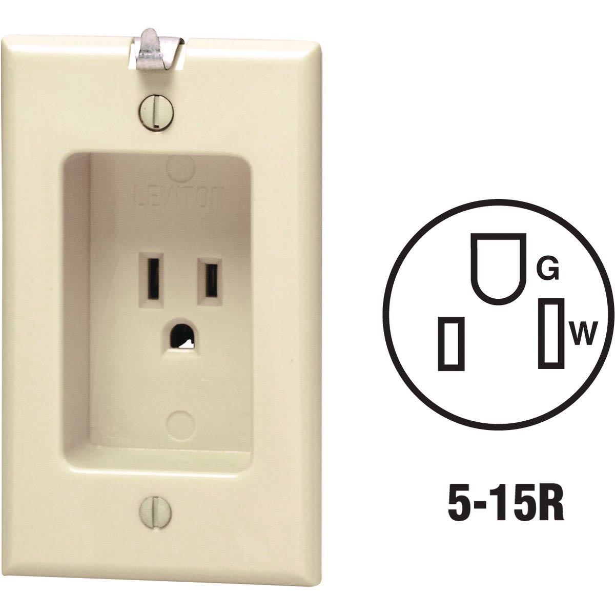 Ivory residential grade clock outlet with single receptacle and 15 amp rating for home improvement use