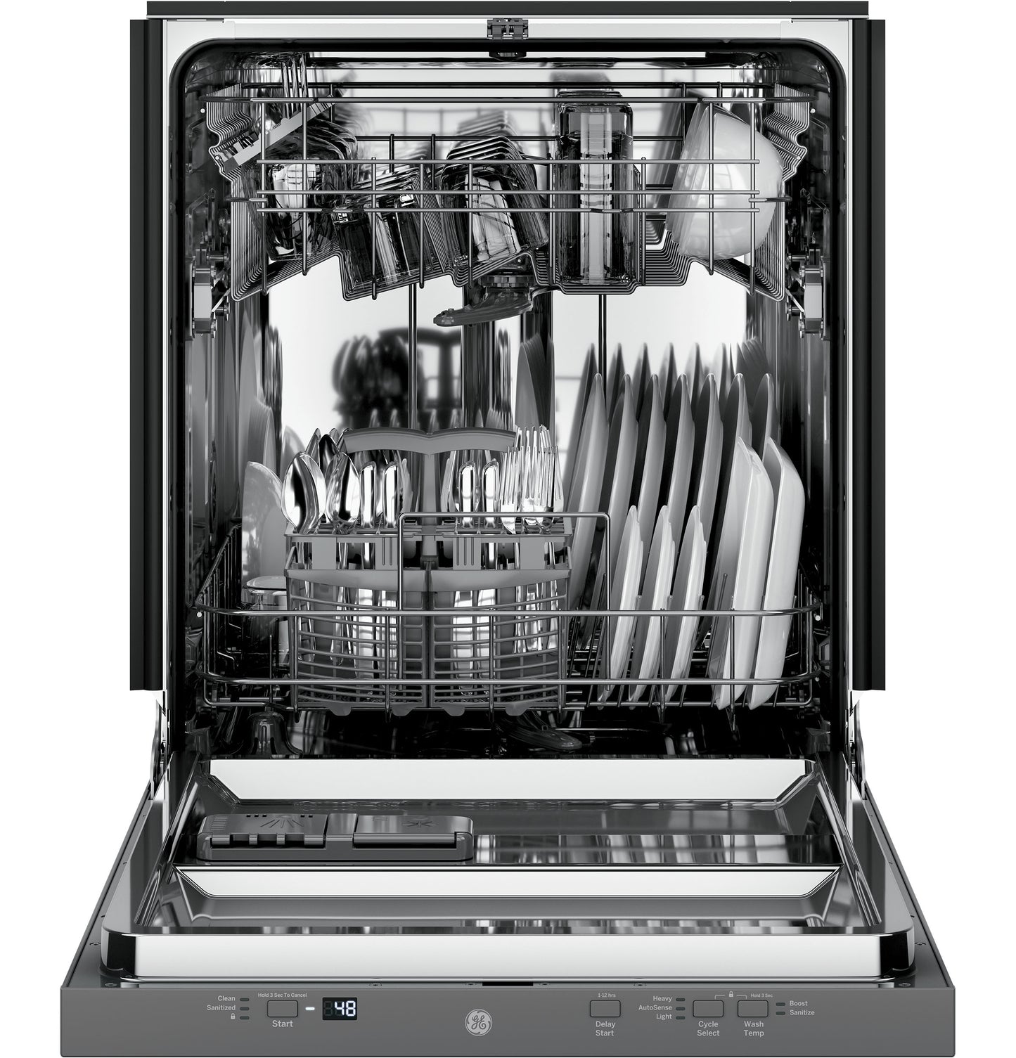 Open stainless steel dishwasher interior with loaded racks of plates, utensils, and glasses from Kitchen & Kitchenware collection